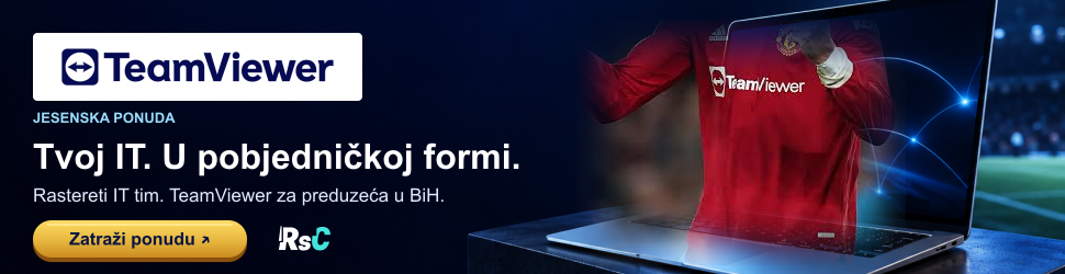 TeamViewer za preduzeća u BiH — laptop i crveni dres s TeamViewer znakom